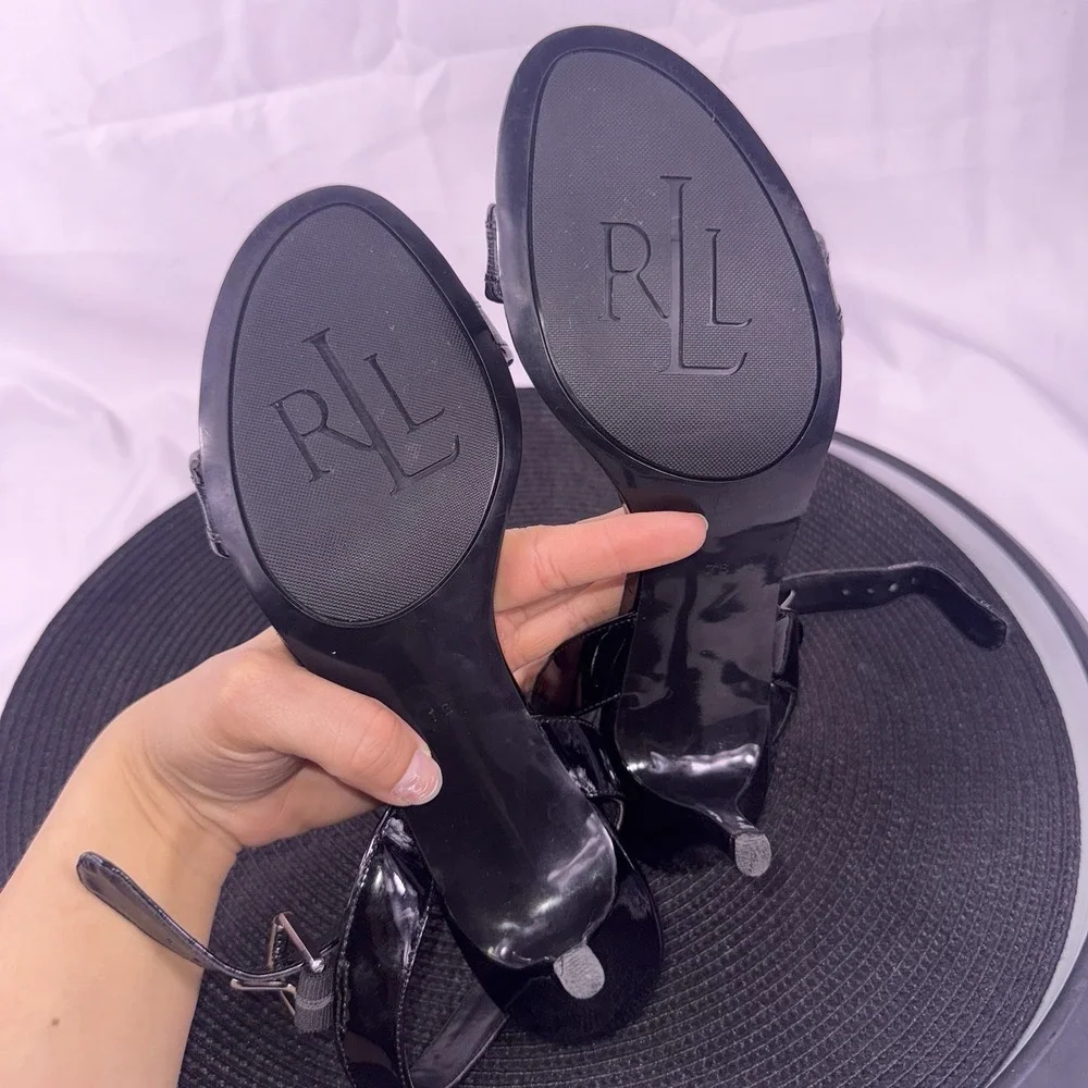 Ralph Lauren Open Toe Black Shiny Leather Ankle Strap Heels Size 7B